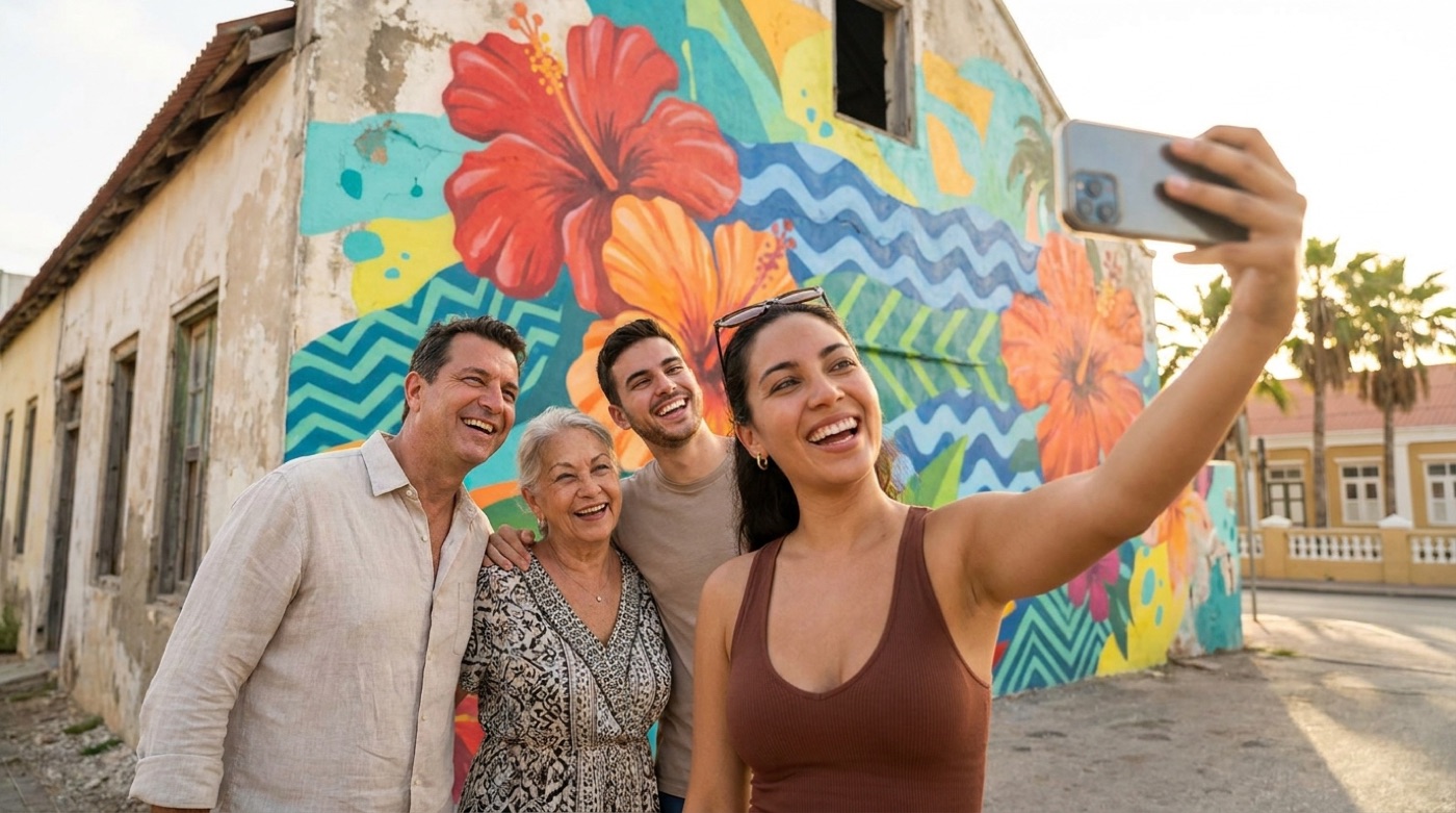 Family photographing a colorful San Nicolas mural