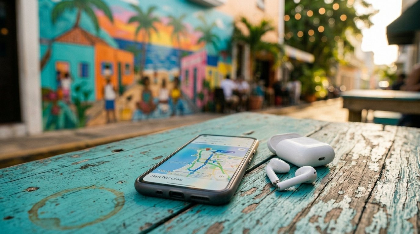 Earbuds and phone with San Nicolas map