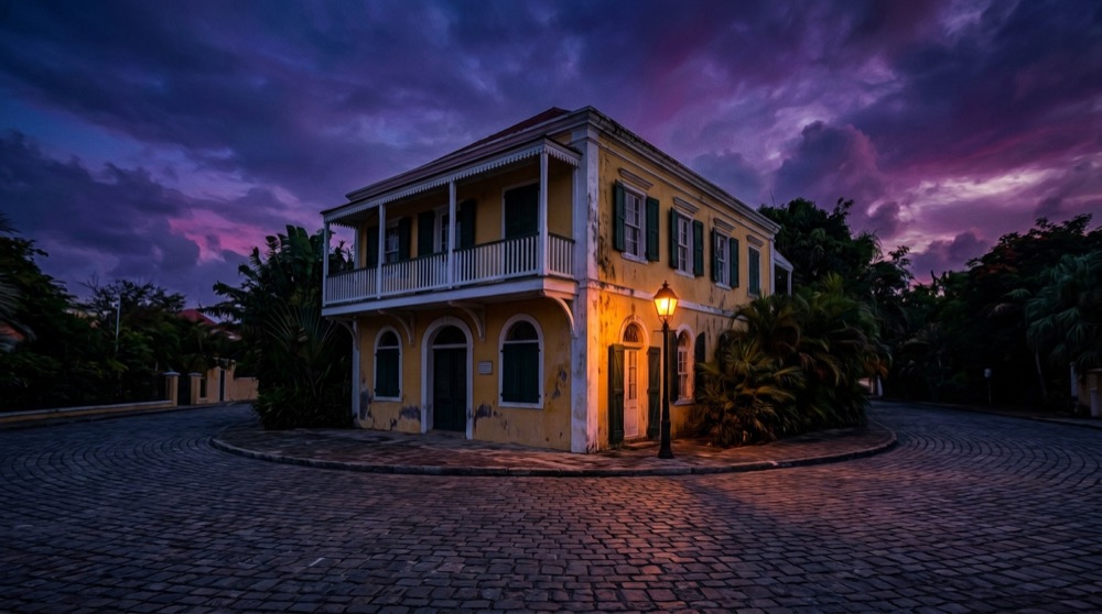Mysterious yellow merchant house at dusk in Aruba