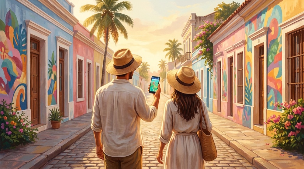 Couple exploring a colorful Aruba street with a phone quest