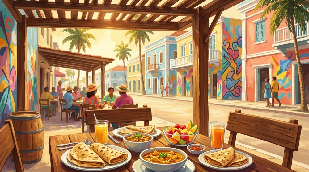 Open-air restaurant terrace on a colorful San Nicolas street