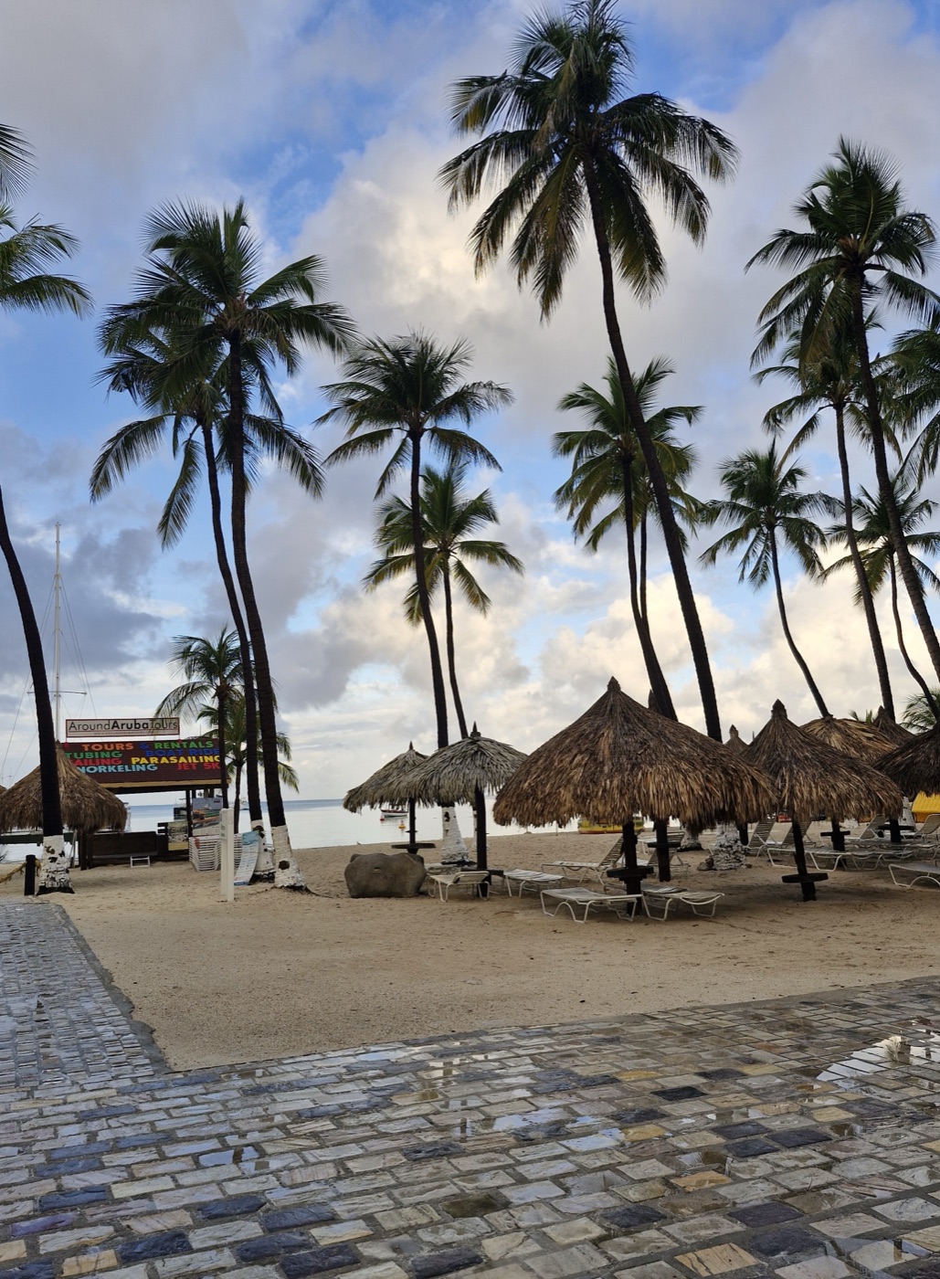 Palapas and turquoise water on Palm Beach, Aruba