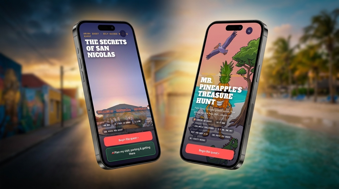 Two phones showing the Aruba Quest home screens on the beach